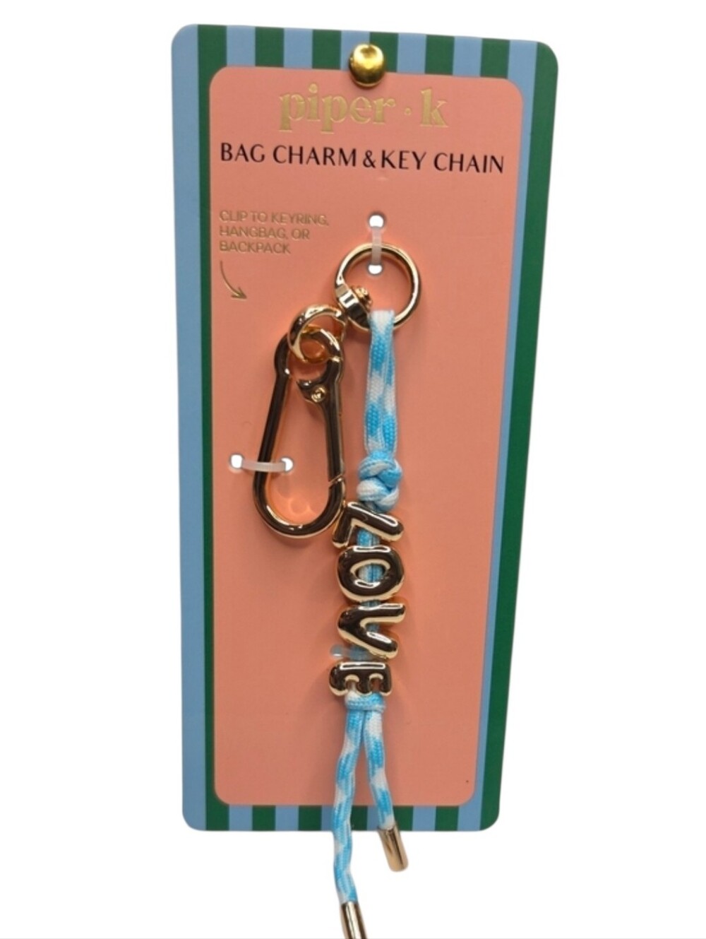 💙▪️Piper K ▪️uk Exckusive Blue " LOVE" Bag Charm Key Chain with Gold Hardware